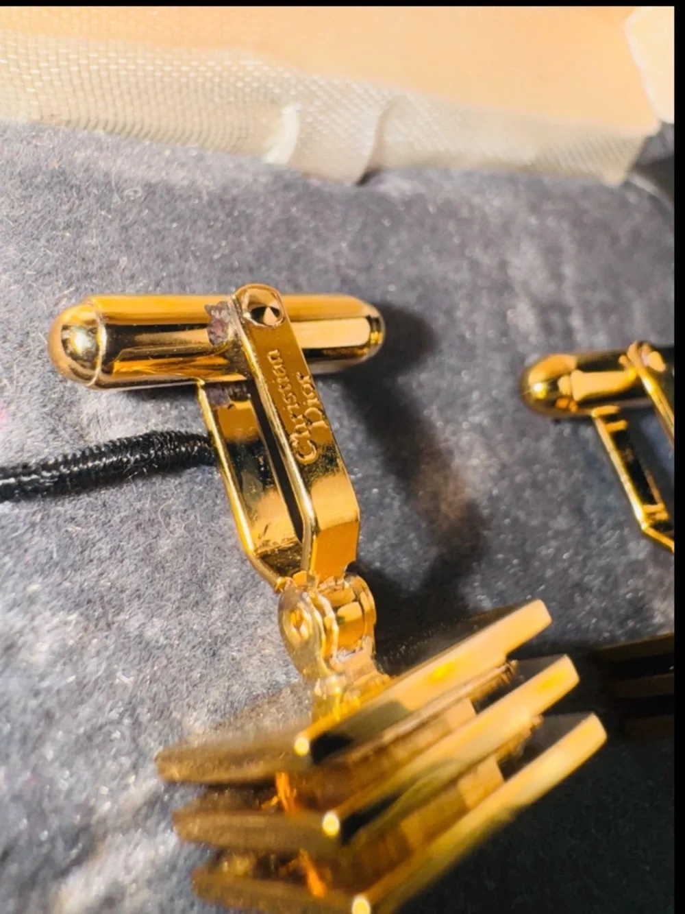 Vintage Christian Dior Gold Tone 3 Tiered Square Cufflinks w Original Box